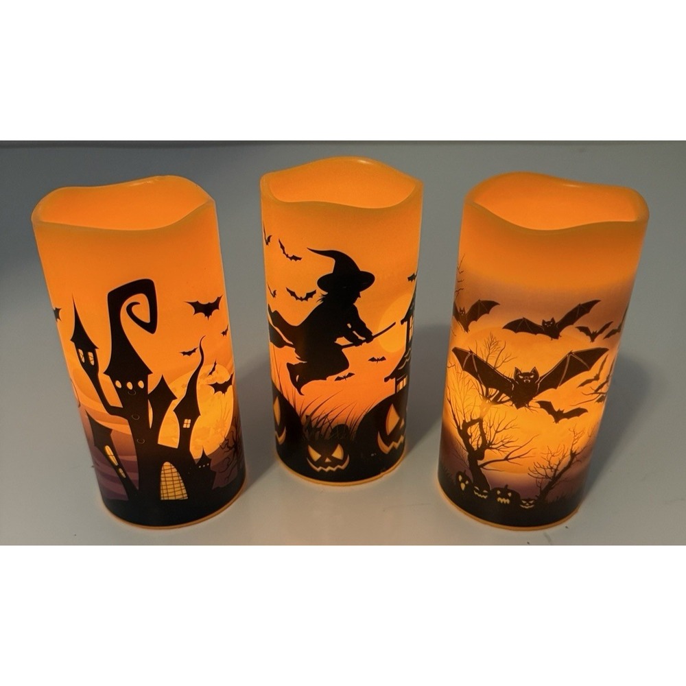 Halloween Flameless LED Battery Operated Candles Set of 3 with Timer 6" Tall - Picture 1 of 9